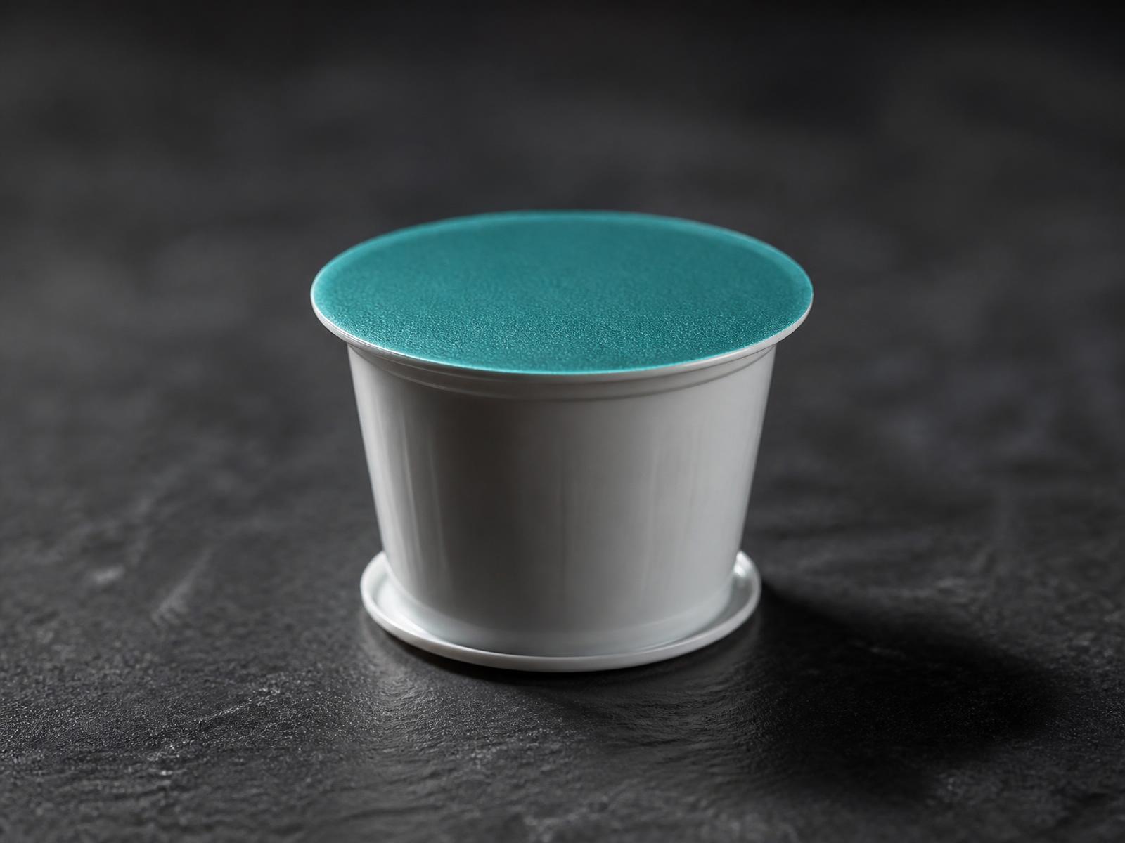 Single unbranded coffee pod with a teal foil lid on a dark slate surface