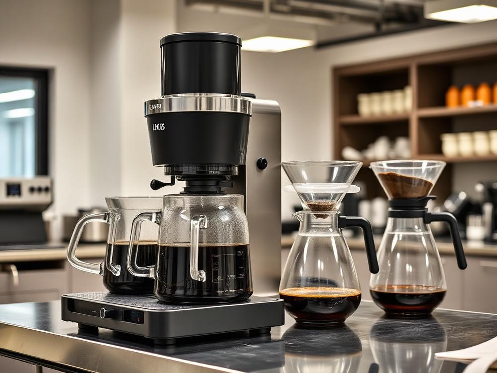 Commercial batch coffee brewer with decanters on a workplace counter