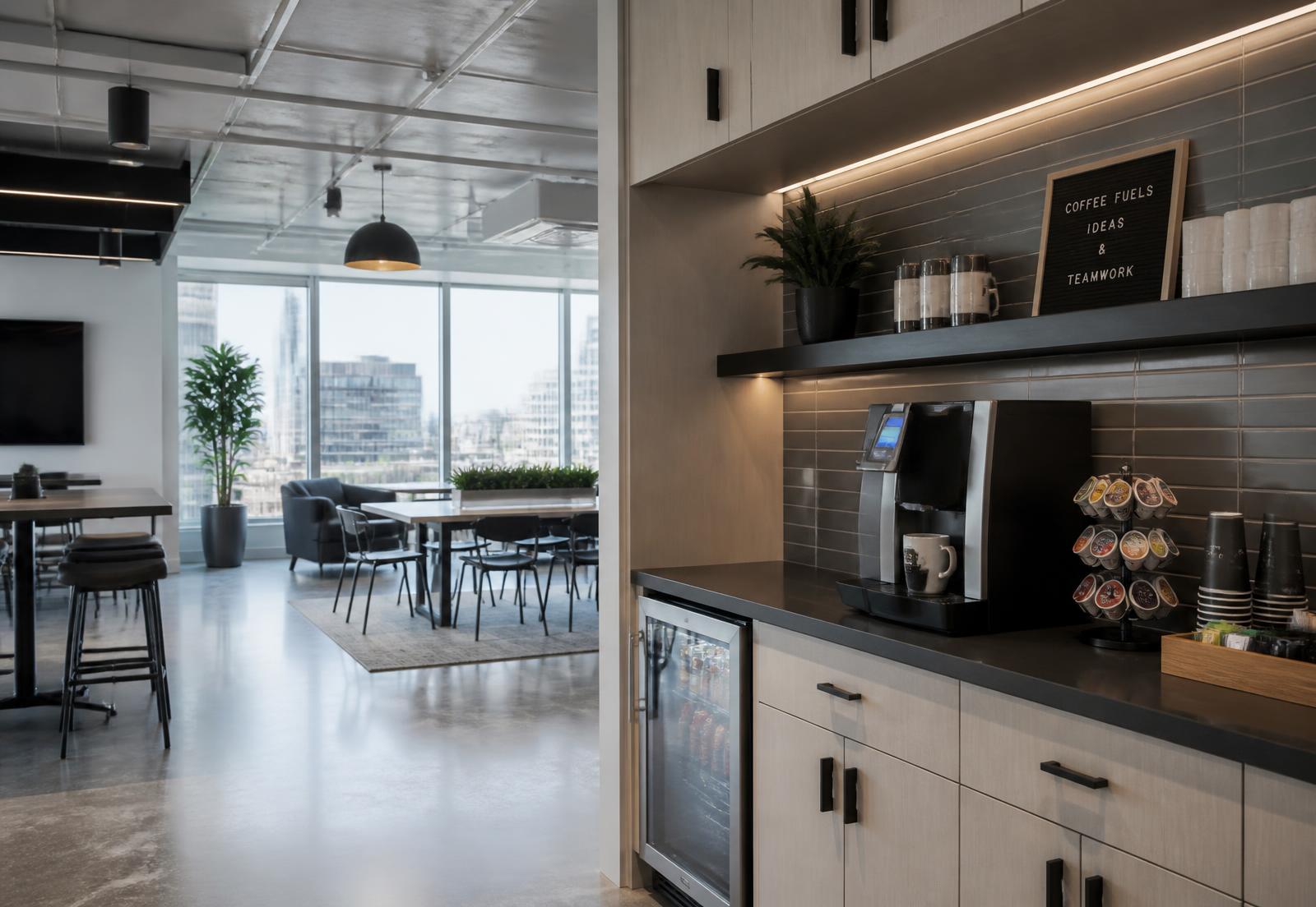Modern corporate breakroom in a Houston office with a commercial coffee station