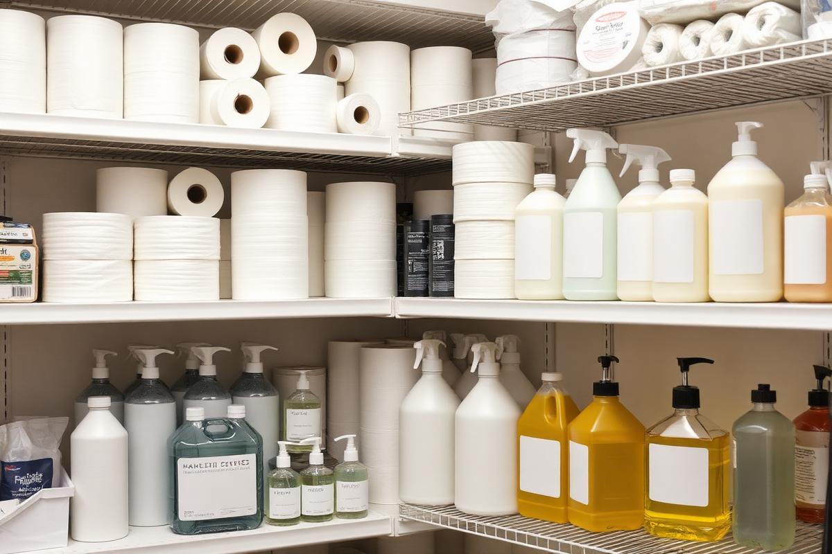 Janitorial and facility supplies organized on shelving in a commercial supply room